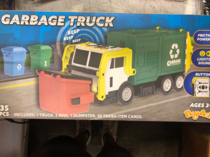 Photo 2 of JOYIN Toys for 3+ Yesrs Old Boys, 16" Large Garbage Truck Toy, Friction Powered Waste Management Garbage Truck with Lights and Sounds, Front Load Dumpster, Trash Bins with Trash Cards, Toddlers Gifts