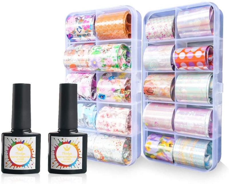 Photo 1 of 2 Pack Nail Foil Transfer Sticker Set, Thinkga Nail Foil Art Set with 20PCS Transfer Nail Foil and 2 Transfer Gel, Flowers Foil for Pro Nail Tech, Nail Lover, Nail Art Kit Clearance, Nail Forms
