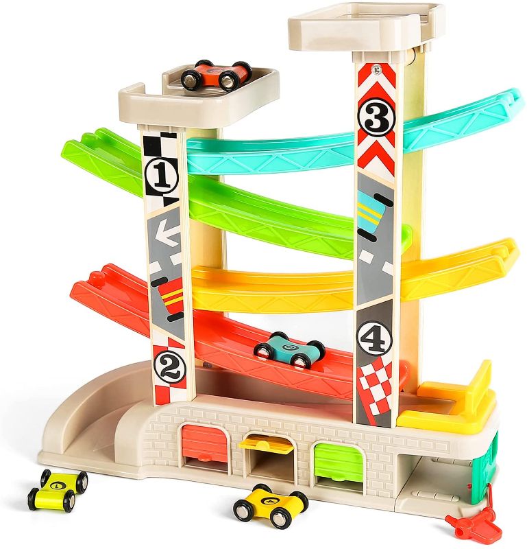 Photo 1 of TOP BRIGHT Toddler Toys Race Track Car Gifts for 1 2 3 Year Old Boys - with Wooden Car Ramp, Parking Lot & Gas Station
