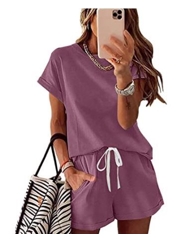 Photo 1 of MEROKEETY Women's Summer Short Sleeve Crew Neck Pajama Set Solid Color Tracksuits Outfits, Color Rosy, Size Medium
