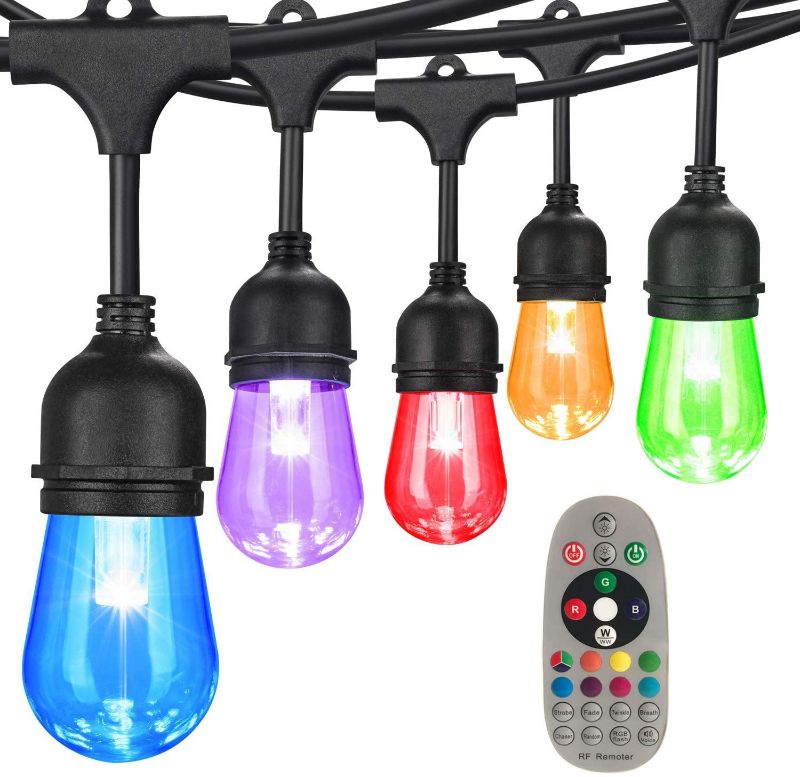 Photo 1 of 48FT String Lights Outdoor Sync with Music, LED RGB Color Changing Waterproof Patio Lights String, Hanging Lights with Edison Bulb, Remote Outside Light for Party, Backyard, Bistro, Deck
