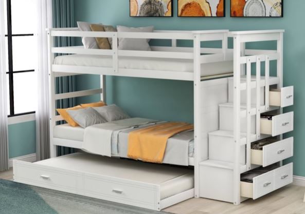 Photo 1 of  White Solid Wood Bunk Bed For Kids, Hardwood Twin Over Twin Bunk Bed With Trundle And Staircase, Natural Gray Finish ( BOX 2 OF 3 )
