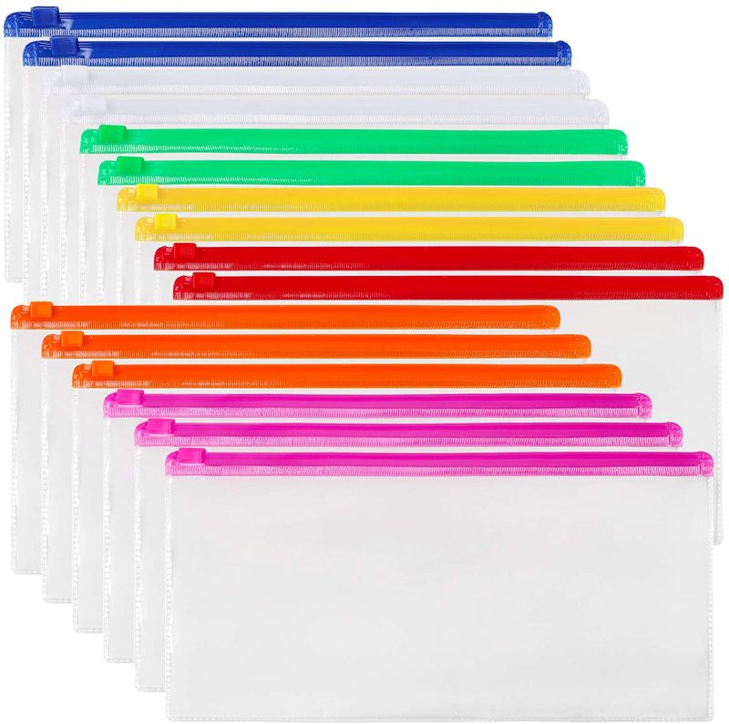 Photo 1 of JPSOR 16pcs Poly Zip Envelope File Bag Bill Bag Pencil Case, Plastic Zipper Pouch 9 x 4.7 Inches, 7 Assorted Colors
