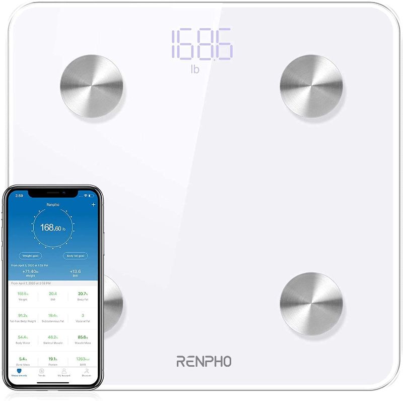 Photo 1 of RENPHO Body Fat Scale Smart BMI Scale Digital Bathroom Wireless Weight Scale, Body Composition Analyzer with Smartphone App sync with Bluetooth, 396 lbs - White
