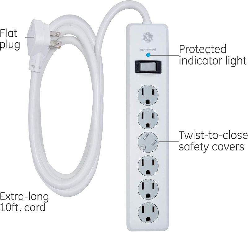 Photo 1 of GE 6-Outlet Surge Protector, 10 Ft Extension Cord, Power Strip, 800 Joules, Flat Plug, Twist-to-Close Safety Covers, UL Listed, White, 14092
