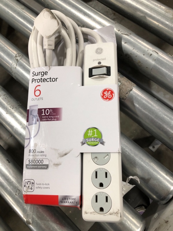 Photo 2 of GE 6-Outlet Surge Protector, 10 Ft Extension Cord, Power Strip, 800 Joules, Flat Plug, Twist-to-Close Safety Covers, UL Listed, White, 14092
