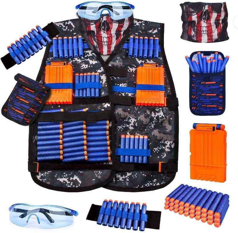 Photo 1 of Kids Tactical Vest Kit for Nerf Guns Series with Refill Darts,Dart Pouch, Reload Clips, Tactical Mask, Wrist Band and Protective Glasses,Nerf Vest Toys for 8 9 10 11 12 Year Boys
