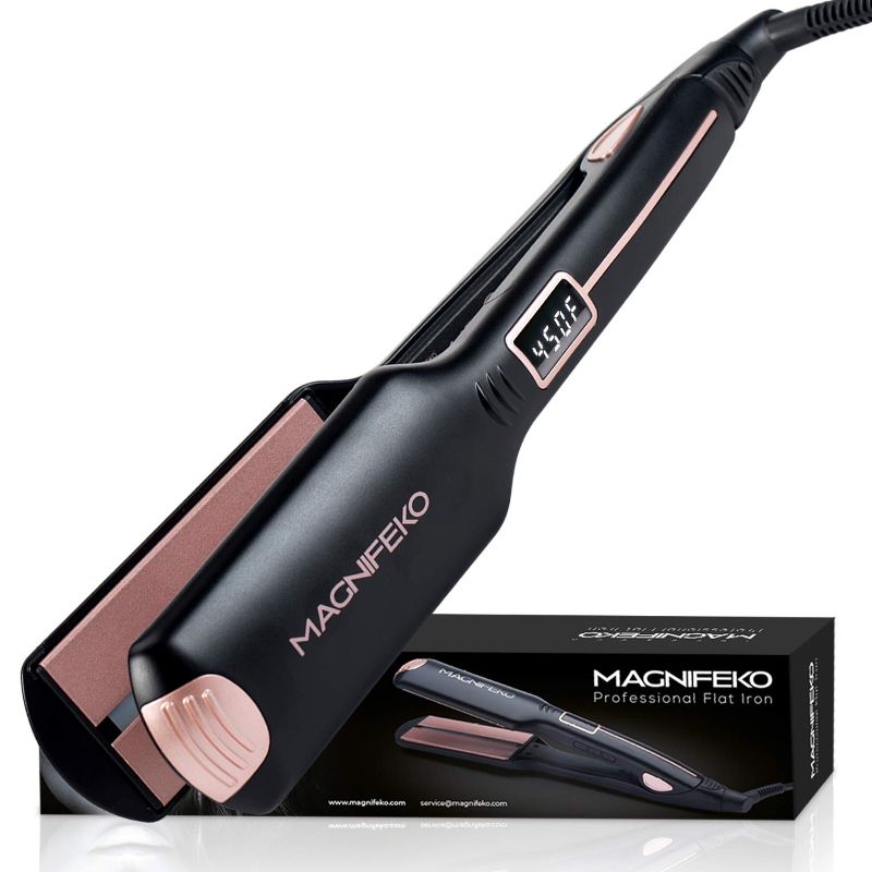 Photo 1 of Magnifeko Professional Flat Iron - Hair Straightener Wide Plate & Digital Display - Infrared Hair Straightening Tool for All Hair Types - Ergonomic Dual Voltage Titanium Hair Straightners
