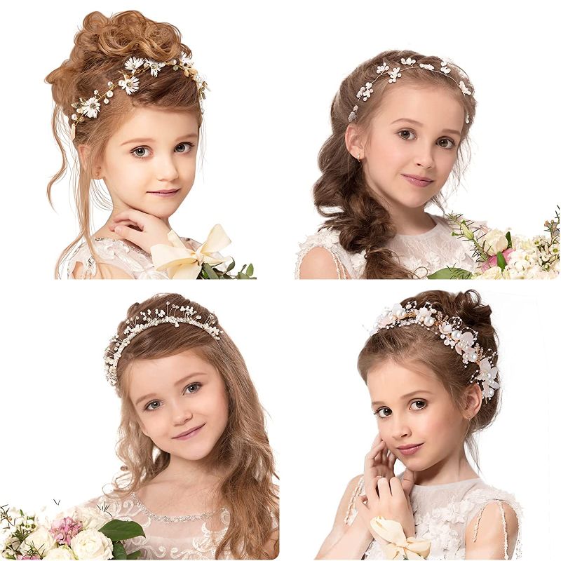 Photo 1 of 4 Pieces Girl Princess Wedding Headband Crystal Pearl Hair Vine Bride Bridesmaid Hairband Headpiece Flower Girl Pearl Rhinestone Headdress Hair Accessories for Women Photography Props (Romantic Style)
