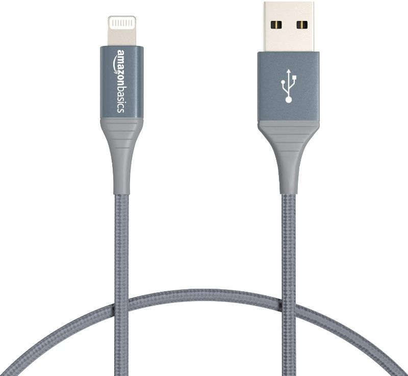 Photo 1 of Amazon Basics iPhone Charger Cable, Nylon USB-A to Lightning, MFi Certified, for Apple iPhone, iPad, 10,000 Bend Lifespan - Dark Gray, 1-Ft
