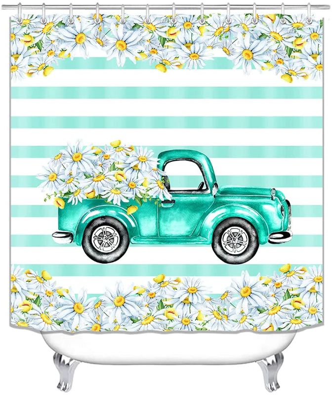 Photo 1 of  Farmhouse Shower Curtain, Stripes Mint Green Vintage Truck Rustic Country Bathroom Decor
