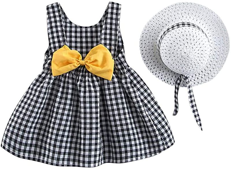 Photo 1 of 6-12 monhths Baby Kids Girls Sleeveless Sundress Tutu Skirts Bow Plaid Print Princess Dress+Hat Set Summer Outfits Clothes
