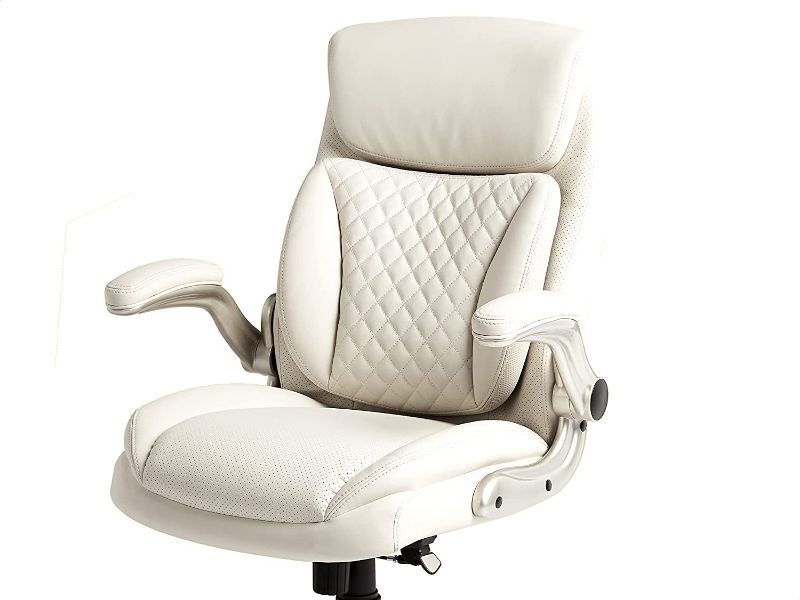 Photo 1 of AmazonCommercial Ergonomic High-Back Rhombus-Stitched Leather Executive Chair, with Flip-up Armrests and Motive Lumbar Support, Cream/Ivory, Minor Scrapes and Scratches, Loose Hardware, Leather is Fine