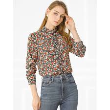 Photo 1 of Allegra K Women Floral Button Up Ruffle Stand Collar Long Sleeve Shirt
