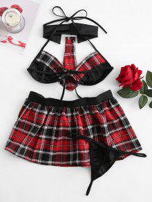 Photo 1 of Plaid Halter Schoolgirl Costume Set With Tie - Red LARGE
