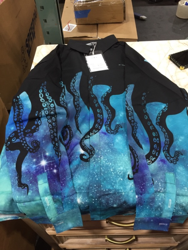 Photo 1 of BLACK BUTTON DOWN SHIRT WITH OCTOPUS AND OCEAN COLORED BOTTOM
SIZE LARGE