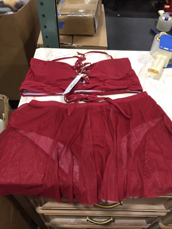 Photo 2 of Plus Size Lace Up Halter Skirted Tankini Swimsuit, Red wine
size 2XL