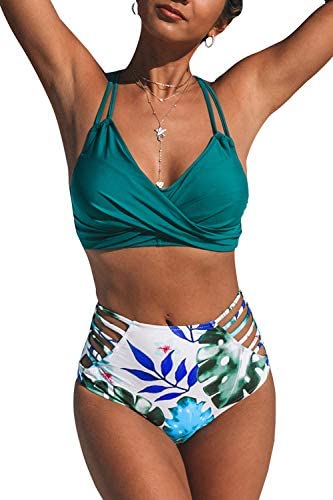 Photo 1 of CUPSHE Women's Bikini Swimsuit Leaf Print Twist Lace Up V Neck Two Piece Bathing Suit
