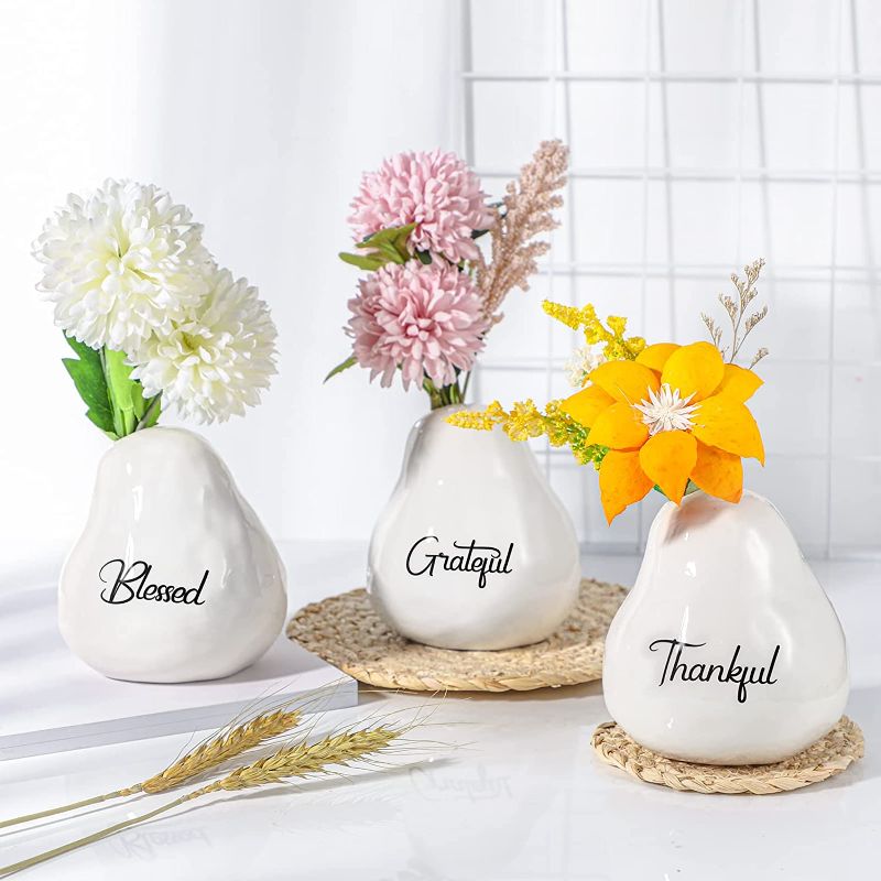 Photo 1 of 3 Pieces Thankful Grateful Blessed Ceramic Vase Room Decor Positive Word Vase Thanksgiving Quote Small Bud Decorative Floral Vase Rustic Farmhouse Thankful Decor for Living Room

