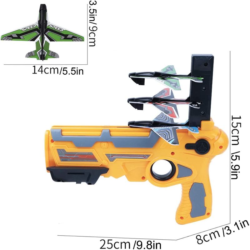 Photo 2 of Catapult airplane toy airplane, equipped with 4 airplanes, pistol shooting game toys, air combat glider airplane launcher, fun outdoor sports toys, the best choice for birthday parties (yellow suit)
