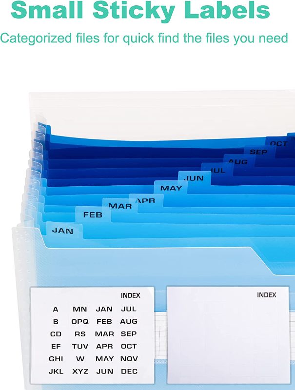 Photo 2 of JARLINK 2 Pack Expanding File Folder, 13 Pockets Accordion File Organizer with Sticky Labels, Expandable File Organizer for A4 Letter Size, Blue and Green
