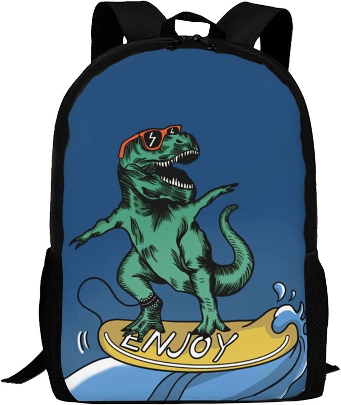 Photo 1 of Kids Dinosaur Backpack for Boys Girls Cool Dinosaur with Sunglasses Surf on Navy Bookbags Elementary Middle High School Bag Large Capacity 17 inch Big Student Backpack for School and Travel
