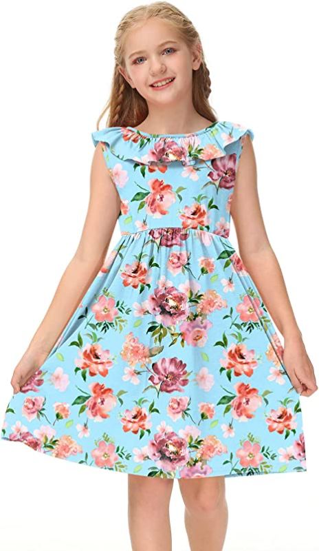 Photo 1 of BesserBay Girl's Elastic Waist Ruffle Sleeveless Summer Midi Backless Dress 9-10 Years Color: Blue | Floral


