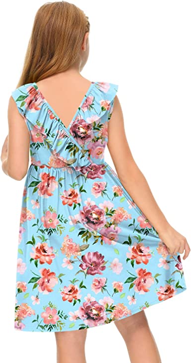 Photo 2 of BesserBay Girl's Elastic Waist Ruffle Sleeveless Summer Midi Backless Dress 9-10 Years Color: Blue | Floral


