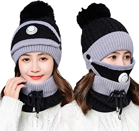 Photo 1 of Womens Pom Beanie Hat with Scarf and Mask Cover Set, Girls Warm Knitted Winter Beanie for with Fleece Lined
