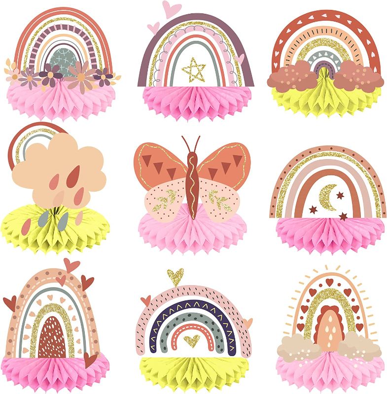 Photo 1 of Boho Rainbow Party Honeycomb Centerpieces Boho Party Table Decoration for Bohemian Theme Birthday Party Baby Shower Supplies