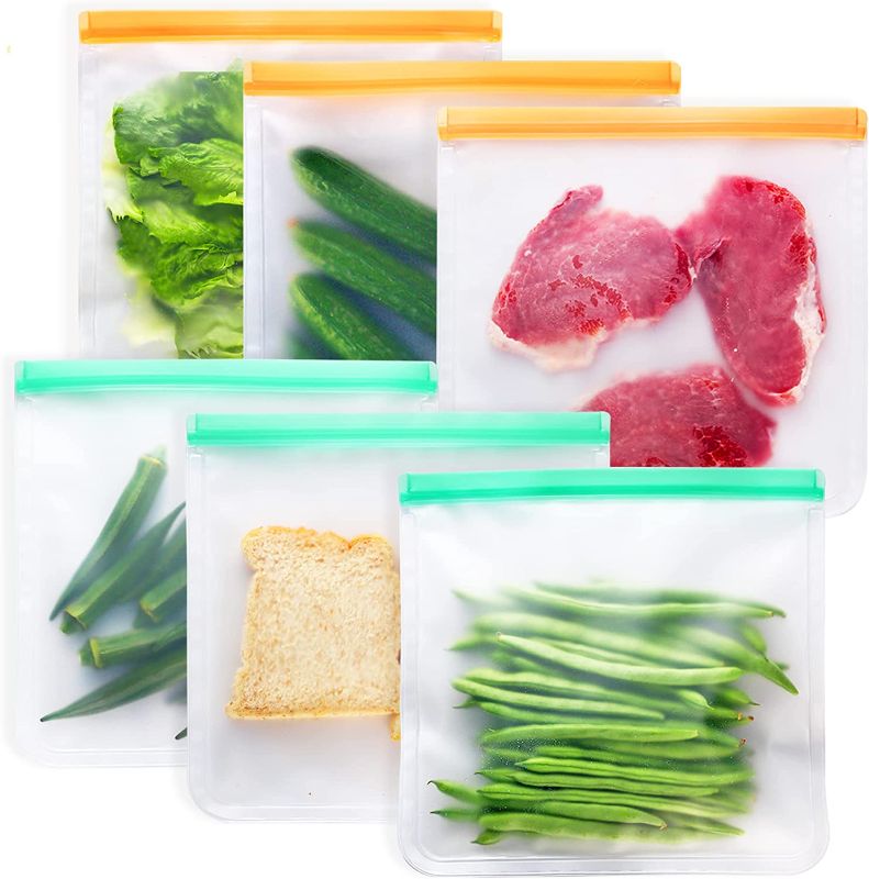Photo 1 of ZZWILLB Reusable Ziplock Bags Silicone - 6 Pack Reusable Freezer Bags - Leakproof Reusable Sandwich Bags BPA Free Snack Bags for Kids - Travel/Home Food Storage Bags