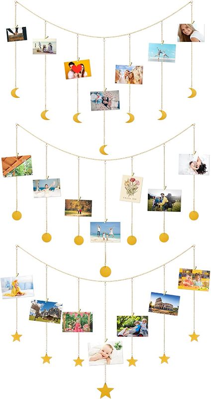 Photo 1 of 3 Pcs Graduation Hanging Photo Display Wall Hanging Photo Garland Hanging Photo Clip Display with Metal Chains and 60 Wood Clips Bedroom Decor for Teen Girls DIY Photos Pictures, Gold