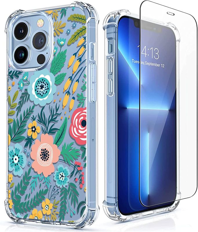 Photo 1 of [5-in-1] RoseParrot iPhone 13 Pro Max Case with Screen Protector + Ring Holder + Waterproof Pouch, Clear with Floral Pattern Design, Shockproof Protective Cover(2)
