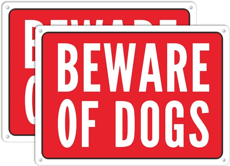 Photo 1 of 
Beware of Dog Sign, Metal Warning The Dogs Signs for Fence Gate, 2 Pack 10 x 7 inches, for Indoor and Outdoor Use, No Fade Aluminum Weatherproof Long Lasting Red Ink