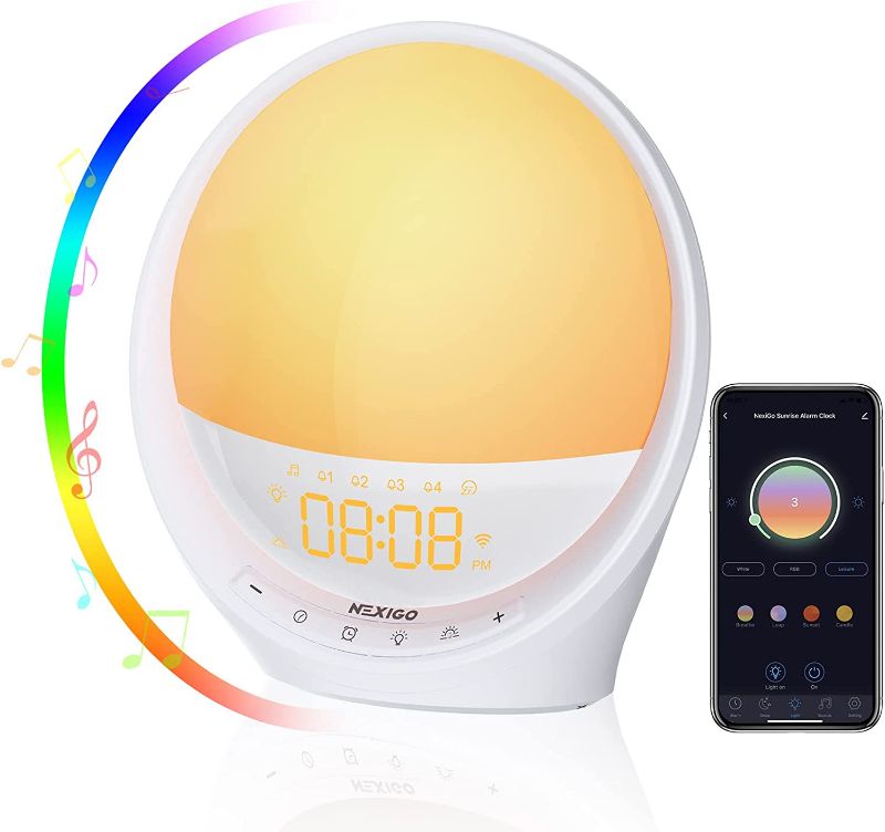 Photo 1 of NexiGo Smart Sunrise Alarm Clock, Wake Up Light with Sunrise Simulation, Work with Alexa and Google Assistant, Four Alarms & Snooze, 17 Natural Sounds / 7 RGB Colors, Ideal for Gift