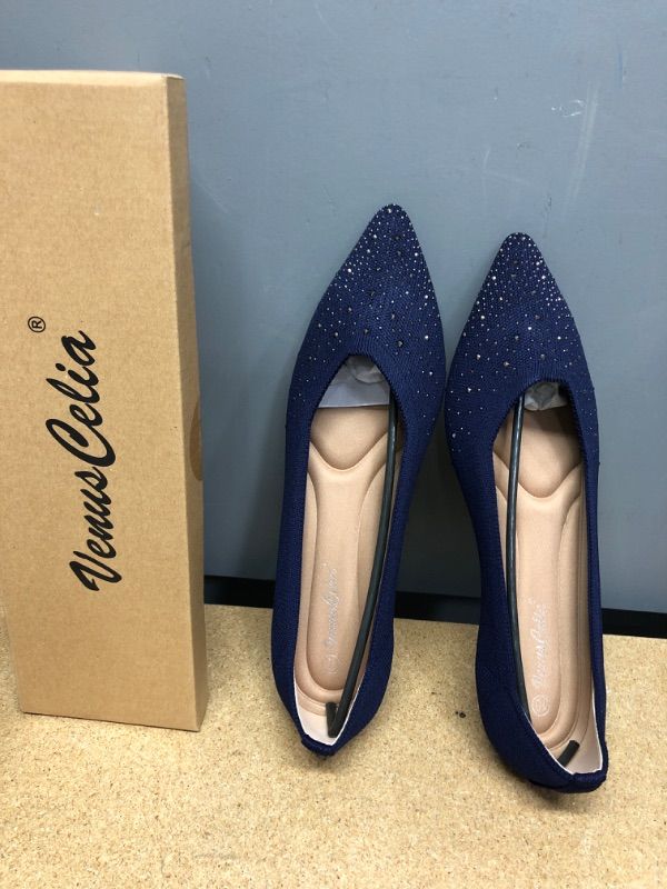 Photo 1 of VenusCelia Women's Flexible Knit Flat Shoe, Rhinestone and Navy ***Size 10***