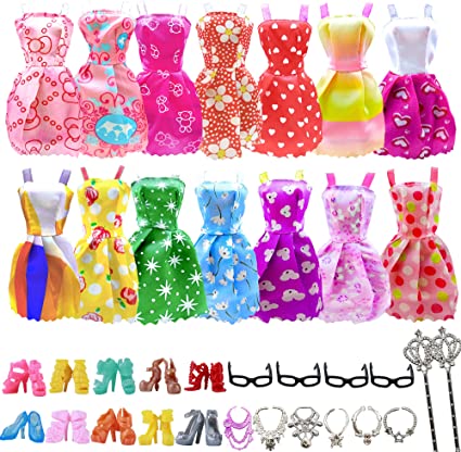 Photo 2 of AMETUS 18 inch Doll Clothes and Accessories. 32 PCS Doll Clothes and Accessories, 10x Mix Cute Dresses, 4X Glasses, 6X Necklaces, 2X Fairy Sticks, 10x Shoes for 11.5 inch Doll