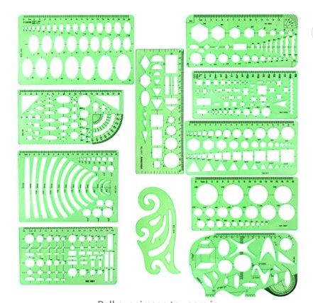 Photo 1 of (X10) 12PCS Geometric Drawings Templates, Drafting Stencils Measuring Tools, BetyBedy Plastic Clear Green Ruler Shapes with a Zipper Bags for Architecture, Office, Studying, Designing and Building
