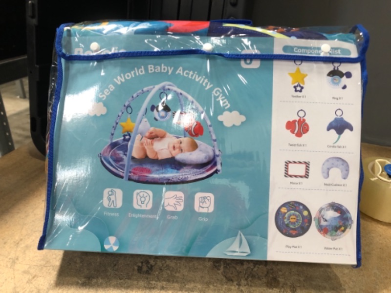 Photo 2 of Babelio Baby Gym Mat & Tummy Time Water Mat 2 in 1, 3 Different Assembly Methods, 6 Activity Play Mat Toys, Sensory Development and Fun Experience for Infant, 33.5" x 33.5"
