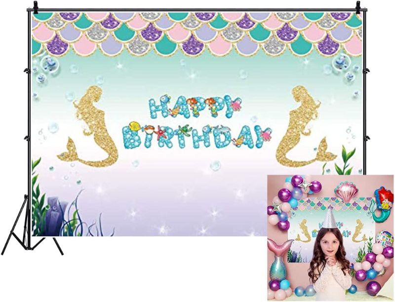 Photo 1 of Baocicco 5x3ft Cartoon Happy Birthday Backdrop Cartoon Mermaid Backdrop Girl Birthday Party Backdrop Golden Mermaid Birthday Party Backdrop Children Baby Adult Portraits Photo Booth Studio Video Props