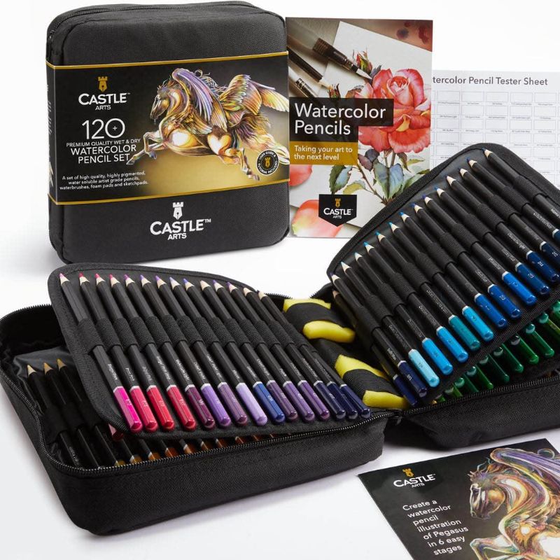 Photo 1 of Castle Art Supplies 120 Watercolor Pencils Set with Extras | Quality Vibrant Pigments | Draw and Paint at the Same Time | For Adult Hobbyists, Professionals | In Carry-anywhere Travel Case