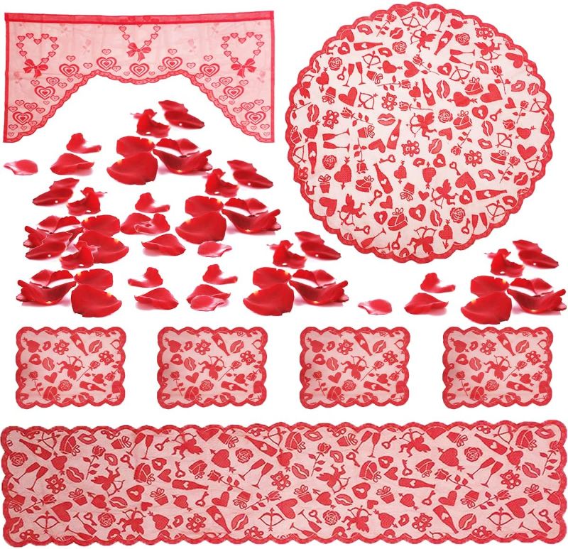 Photo 1 of Anditoy Mothers Day Decorations Set with 1 Tablecloth Runner, 4 Placemats, 1 Round Table Cover, 1 Door Window Curtain, 200 PCS Rose Petals for Mothers Day Decorations Home Party Supplies