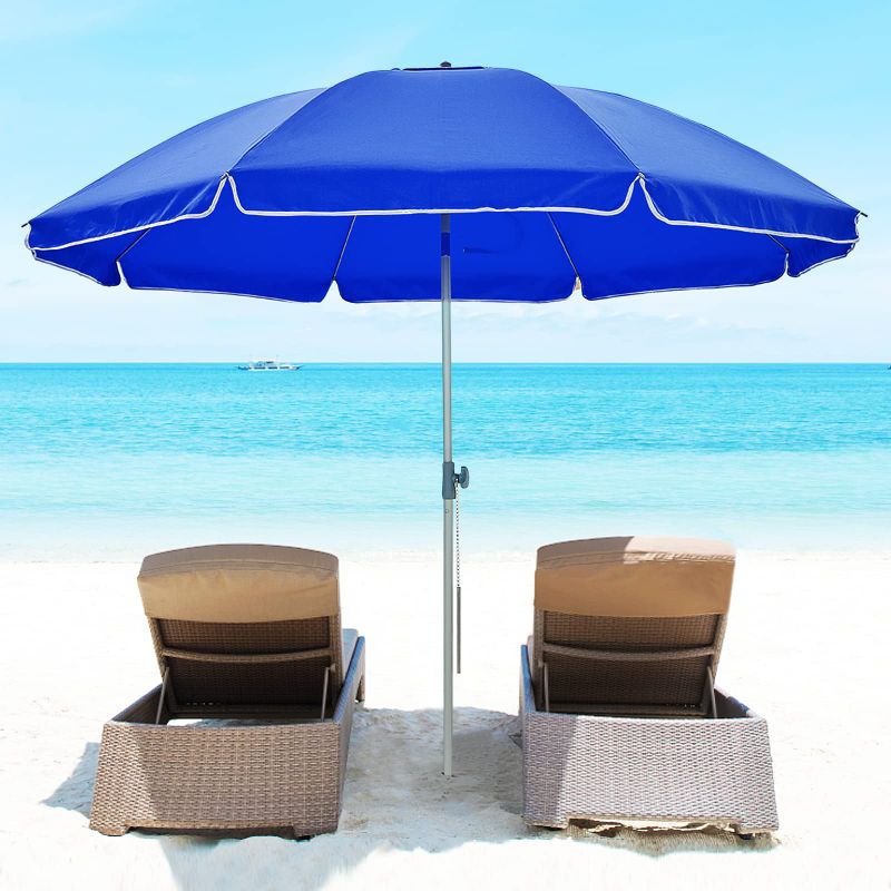 Photo 1 of (BENT POLE) 7FT Beach Umbrella, SPF60+ Sun Protection Portable Sunshade Umbrella with Sand Anchor, Tilt, Carry Bag, for Sand Outdoor Beach Trip (Blue)
