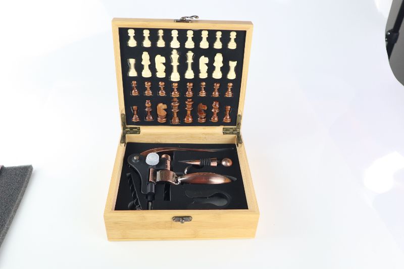 Photo 3 of WINE ACCESSORIES CHESS SET WOODEN CHESS BOX WHITE AND BROWN CHESS PIECES COMPLETE WITH WINE OPENER KORK AND HOLDER NEW IN BOX $69.99