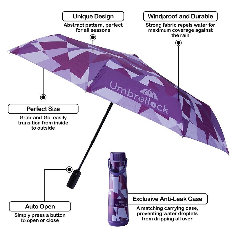 Photo 2 of UMBRELLOCK DURABLE FOLDABLE UMBRELLA COMES IN A COMPACT CASE TO KEEP WATER AWAY FROM ITEMS COLOR PURPLE NEW $29.99