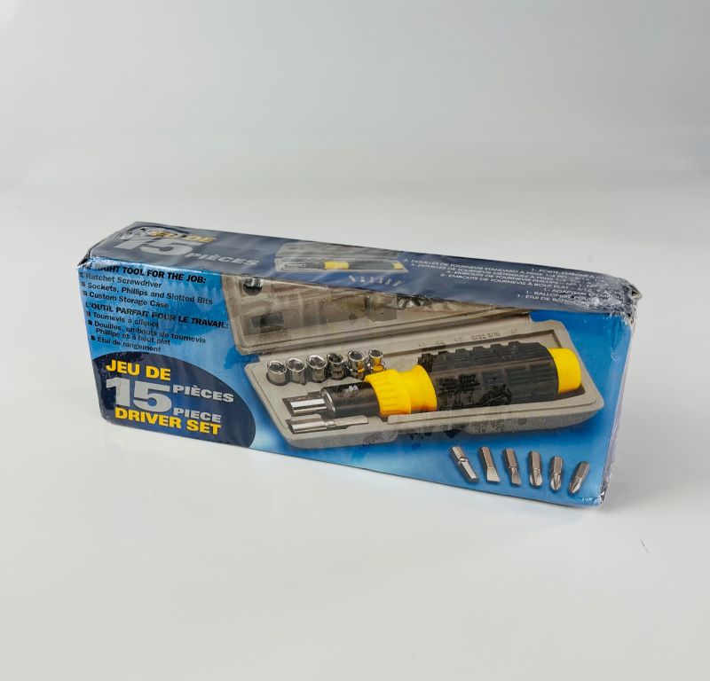 Photo 1 of 15 PIECE SET CONTAINING 1 RATCHET SCREWDRIVER HANDLE 3 STANDARD DRIVER SOCKETS 3 METRIC DRIVER SOCKETS 3 PHILLIPS BITS 1-3 2 SLOTTED BOLTS 1 BIT ADAPTER 1 BIT EXTENSION 1 BLOW MOLDED STORAGE CASE $15.99