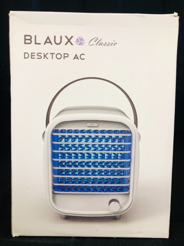 Photo 2 of BLAUX CLASSIC DESKTOP AC WITH REPLACEABLE WATER CURTAIN REPLACEABLE ICE TRY FAN SPEED ADJUSTMENT DIAL AND WHITE MOOD LIGHT NEW IN BOX $45
