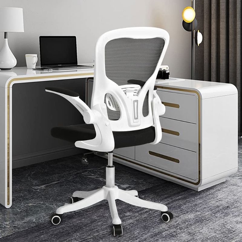 Photo 1 of Cooient Desk Office Task Chair Ergonomic Mesh Chair Computer Home Chair with Adjustable Lumbar Support Flip-up Arms,(White)
