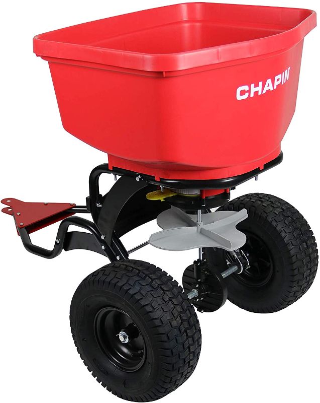 Photo 1 of Chapin 8620B 150 lb Tow Behind Spreader with Auto-Stop, Red 8620B 150 lb Tow Behind Spreader with Auto-Stop