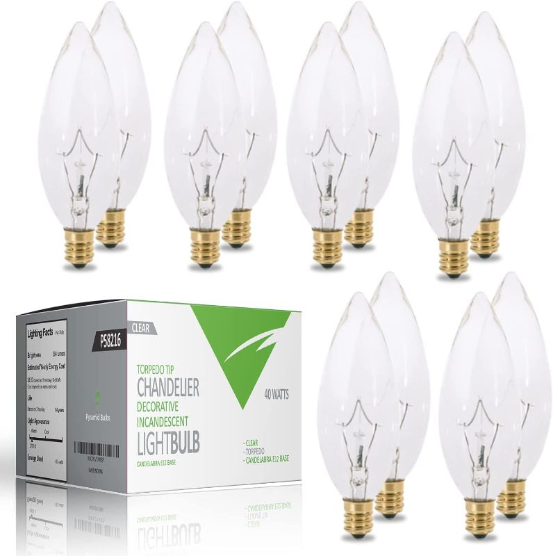 Photo 1 of 40 Watt Chandelier Light Bulb Candelabra Base 120V 40W CTC Torpedo Tip Shaped Clear Straight Dimmable Incandescent Light Bulbs, E12 Base Lamps Pack of 12
